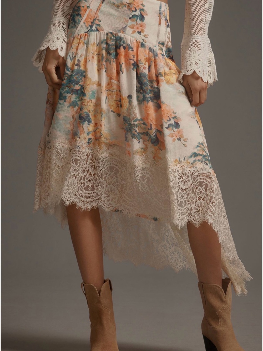By Anthropologie Asymmetrical Lace Midi Skirt Like New
